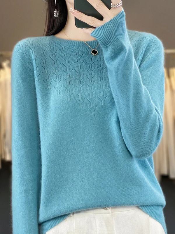 Sieviešu rudens džemperis ar garām piedurknēm, džemperis ar O veida kakla izgriezumu, 100% merino vilnas dobs ikdienišķs apakšējais kašmira trikotāža Sieviešu pamata apģērbs