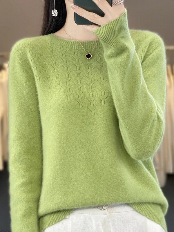 Sieviešu rudens džemperis ar garām piedurknēm, džemperis ar O veida kakla izgriezumu, 100% merino vilnas dobs ikdienišķs apakšējais kašmira trikotāža Sieviešu pamata apģērbs