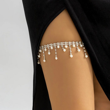 Σέξι πολυστρωματική φούντα απομίμηση μαργαριταρένιου κλιπ χάντρες Αλυσίδες ποδιών Γυναικεία ζώνη στρας ρυθμιζόμενη ελαστική αλυσίδα μηρού κοσμήματα σώματος