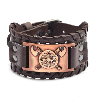 Μοντέρνο σχέδιο τοτέμ Nordic Double Axe, Ιρλανδικό σταυρό βραχιόλι Δερμάτινο υφαντό ανδρικό βραχιόλι Viking αξεσουάρ Γνήσιο δερμάτινο κόσμημα