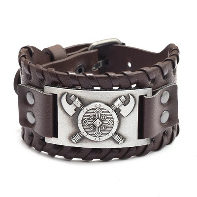 Μοντέρνο σχέδιο τοτέμ Nordic Double Axe, Ιρλανδικό σταυρό βραχιόλι Δερμάτινο υφαντό ανδρικό βραχιόλι Viking αξεσουάρ Γνήσιο δερμάτινο κόσμημα
