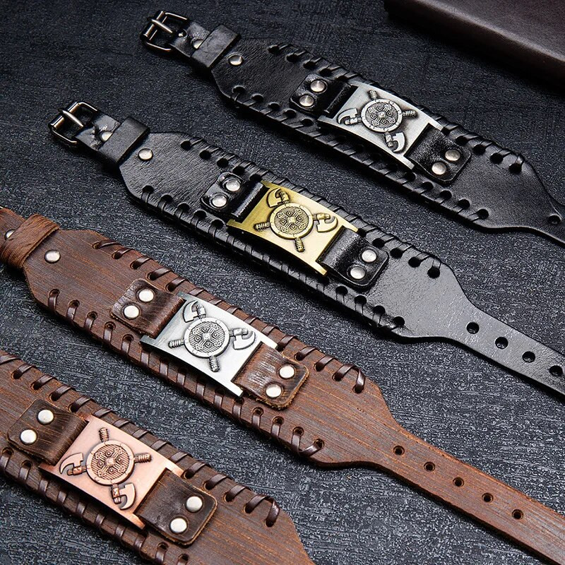 Μοντέρνο σχέδιο τοτέμ Nordic Double Axe, Ιρλανδικό σταυρό βραχιόλι Δερμάτινο υφαντό ανδρικό βραχιόλι Viking αξεσουάρ Γνήσιο δερμάτινο κόσμημα