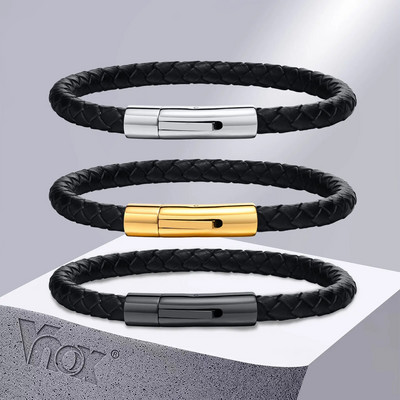 Vnox Casual ανδρικά μαύρα δερμάτινα βραχιόλια, μοντέρνο μεταλλικό κούμπωμα από ανοξείδωτο ατσάλι, ανδρικό κοσμήματα δώρου