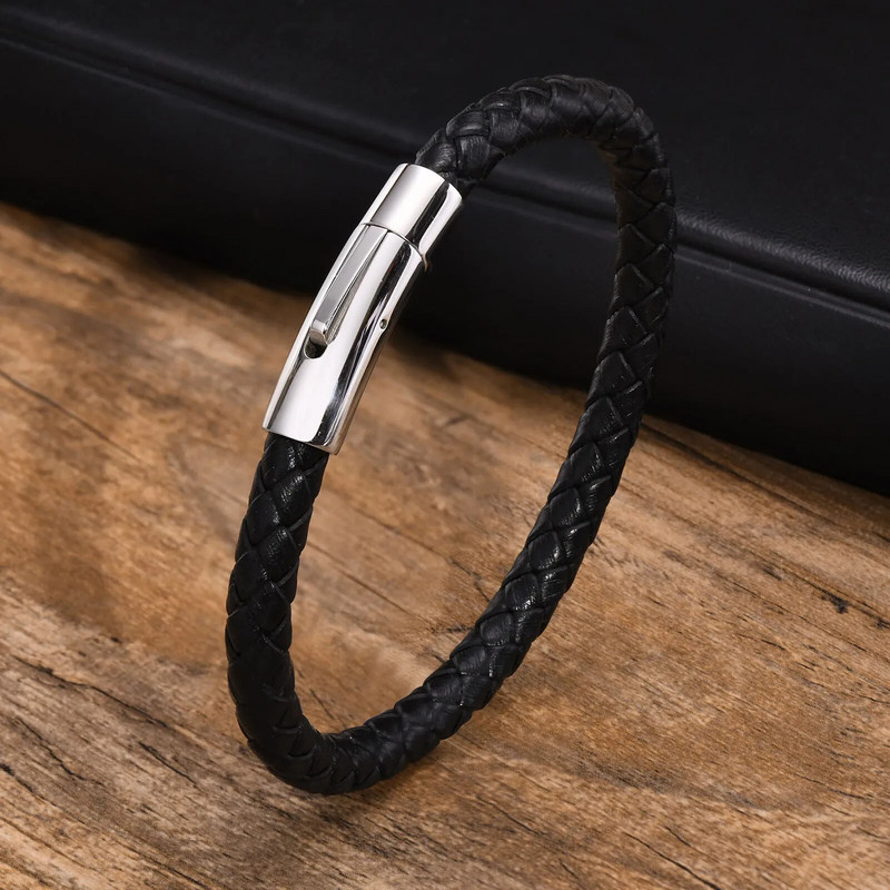 Vnox Casual ανδρικά μαύρα δερμάτινα βραχιόλια, μοντέρνο μεταλλικό κούμπωμα από ανοξείδωτο ατσάλι, ανδρικό κοσμήματα δώρου