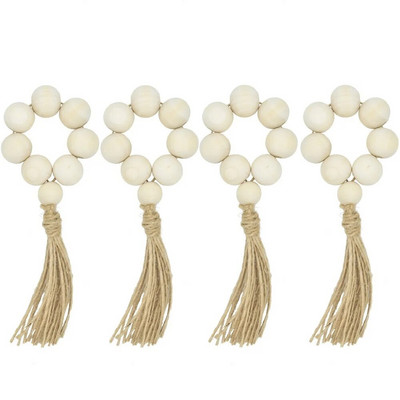 4GB ar rokām darināts dabīgā koka krelles salvešu gredzenu turētājs ar pušķiem, lauku stila lauku mājas vītnes piekarināšana pie sienas, kāzu mājas galda dekors