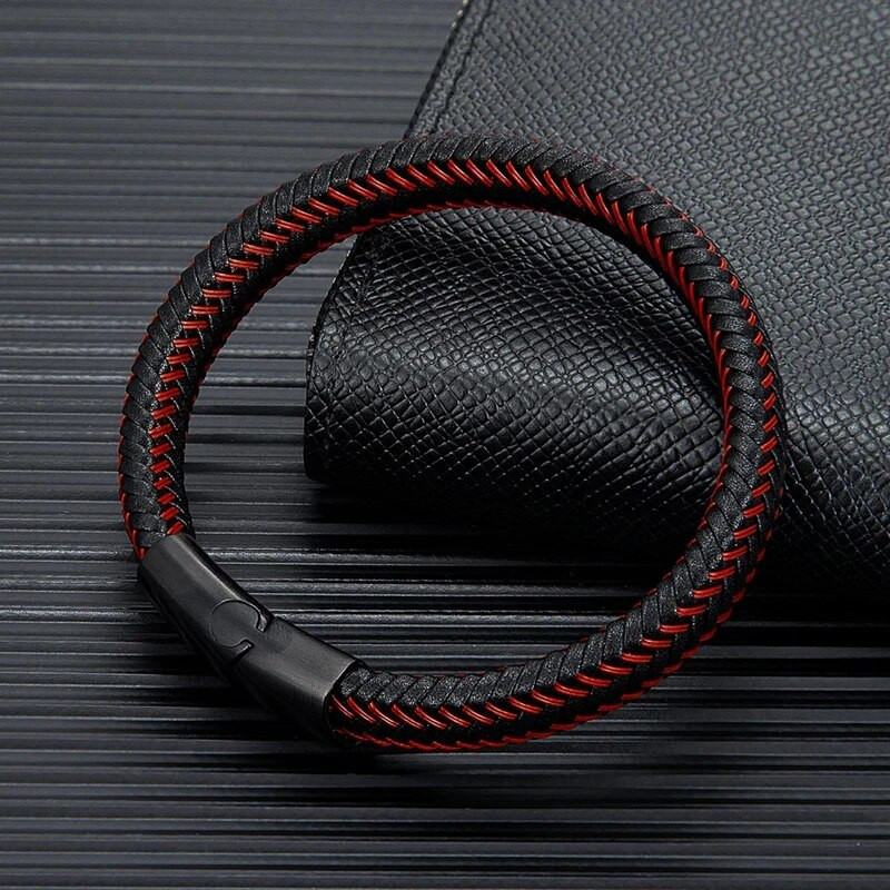 MKENDN Punk Vīriešu Rotaslietas Sarkana Pīta Ādas Virves Rokassprādze Melna Matēta Magnētiska Sprādze Rokassprādzes Vīriešu Aproce Pulsera Hombre