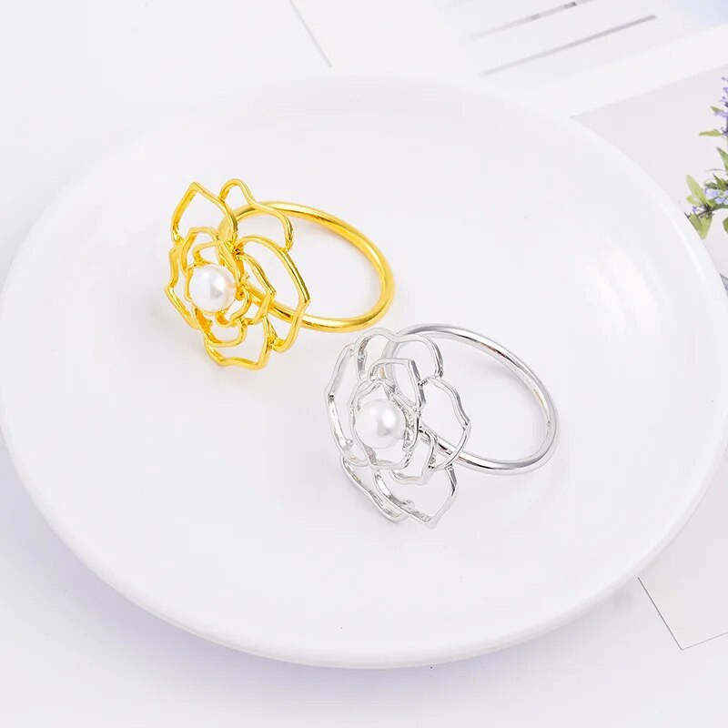 4GAB Valentīna dienas īpašie pērļu rozes salvešu gredzeni romantiskām vakariņām kāzu dekorēšanas galdam Skaisti ziedu salvešu turētāji