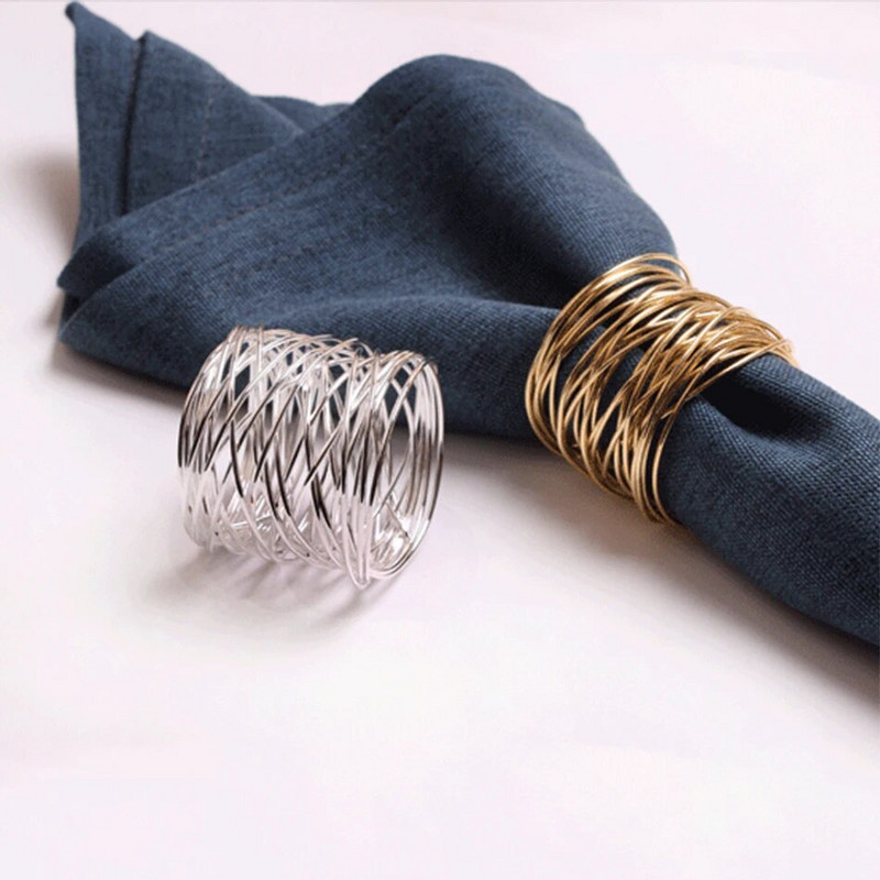 6 gab. Metāla šķērsgriezuma dobu šķembu salvešu sprādze, 5,1x3,8 cm plats apaļš zelta salvešu gredzens, vakariņu ballīšu pusdienu galda dekorēšanai