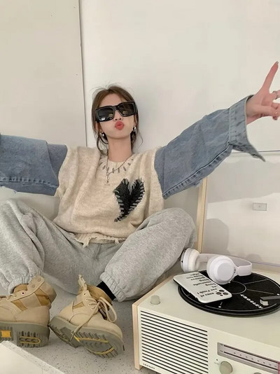 Džemperi Sieviešu korejiešu stilā Populāri O-veida kakla izgriezumi Vispārpiemērots šiks ielas apģērbs ikdienišķs sieviešu trikotāžas apģērbs brīvs rudens Harajuku vienkāršs