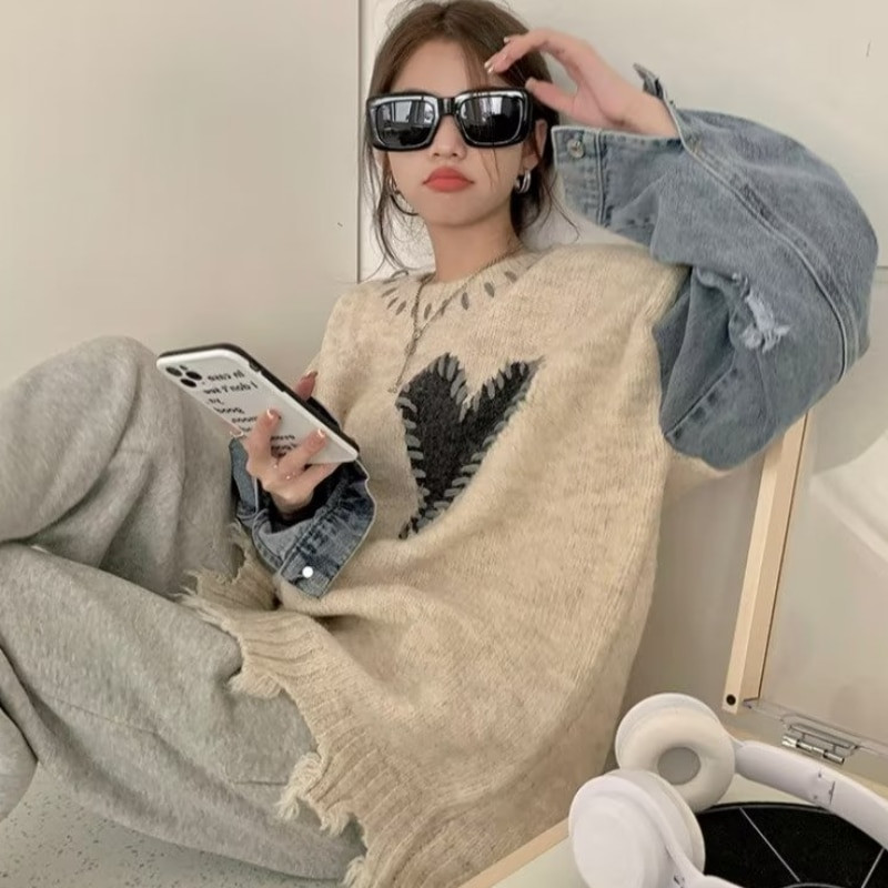 Džemperi Sieviešu korejiešu stilā Populāri O-veida kakla izgriezumi Vispārpiemērots šiks ielas apģērbs ikdienišķs sieviešu trikotāžas apģērbs brīvs rudens Harajuku vienkāršs