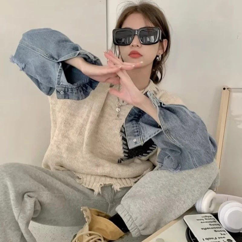 Džemperi Sieviešu korejiešu stilā Populāri O-veida kakla izgriezumi Vispārpiemērots šiks ielas apģērbs ikdienišķs sieviešu trikotāžas apģērbs brīvs rudens Harajuku vienkāršs