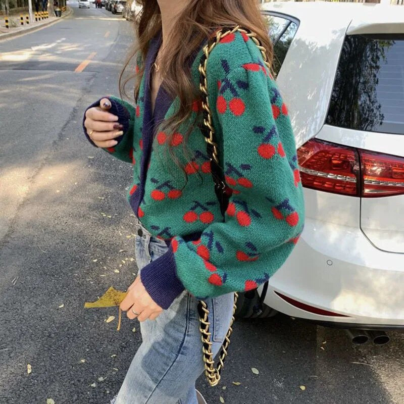 Lucyever rudens ziemas apdrukas džemperi sievietēm Harajuku ar garām piedurknēm, V veida kakla izgriezumu, trikotāžas jaciņa, ikdienišķa, silta studentu trikotāža