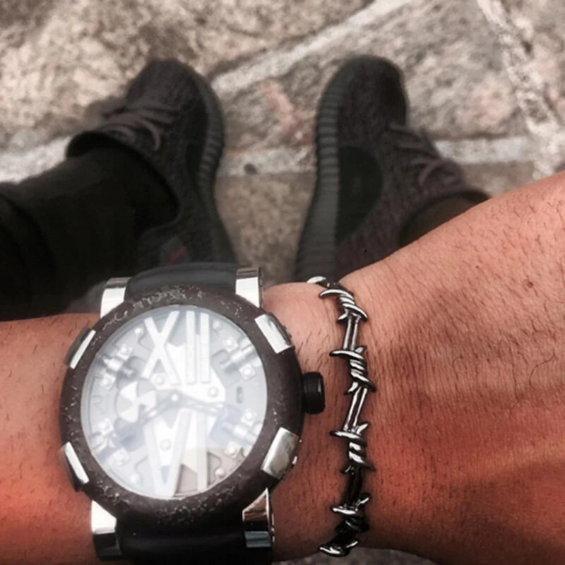 Vīriešu aproce, atvērta aproce, savīti ērkšķi, stieple, pulsera, titāna tērauda, ģeometriskas rokassprādzes, 17–19 cm dzeloņveida rotaslietas hip-hop rokassprādze