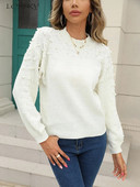 Rudens ziemas pērļu džemperis sieviešu modes trikotāžas tops ar garām piedurknēm ikdienišķa pamata džemperi O kakla džemperi, balti jauni trikotāžas izstrādājumi