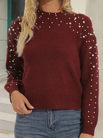 Есенно-зимен перлен пуловер Дамски моден плетен топ с дълъг ръкав Ежедневни базови пуловери Пуловери с О-образно деколте Бели Ново в плетивата