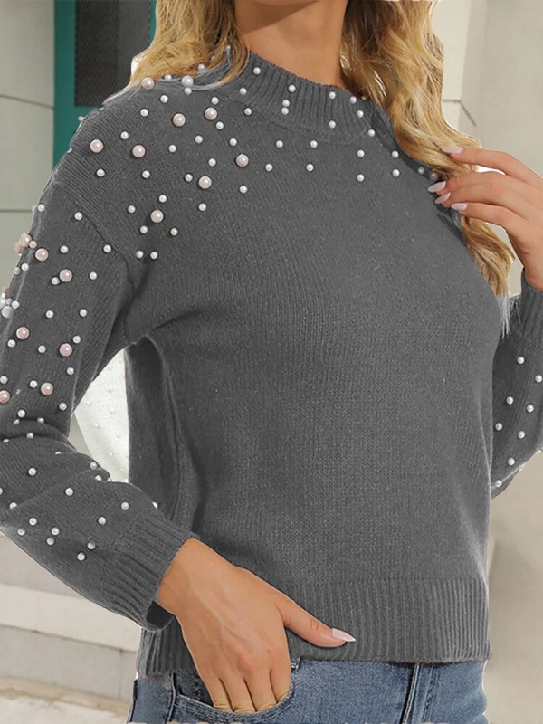 Rudens ziemas pērļu džemperis sieviešu modes trikotāžas tops ar garām piedurknēm ikdienišķa pamata džemperi O kakla džemperi, balti jauni trikotāžas izstrādājumi
