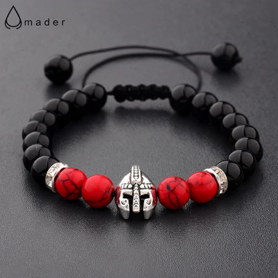 Βραχιόλι με κράνος Charm Knight Warrior Gladiator Ανδρικά Βραχιόλια από Φυσική Πέτρα Μαύρη & Κόκκινη Χάντρες Ρυθμιζόμενη Χονδρική