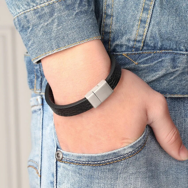 XQNI Narukvice od prave kože od nehrđajućeg čelika za muškarce Retro stil 12 MM Narukvica s magnetskim dizajnom sa zmijskim lancem za muškarce Rođendanski dar