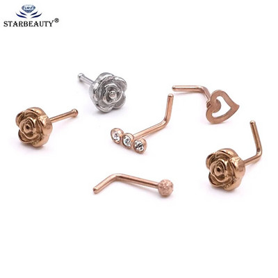 New Arrival Bone Shape L 1Pc Rose gold Bone Nosestud Flower Rainstone Surgical Steel Stud Μύτη Tragus Bone Screw Stud