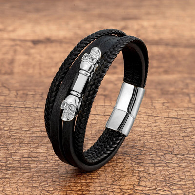 Vīriešu daudzslāņu ādas hiphopa rokassprādzes nerūsējošā tērauda aizdare Panka dominējošais galvaskauss vīrietis rokassprādze roka ballīšu rotaslietas dāvanas