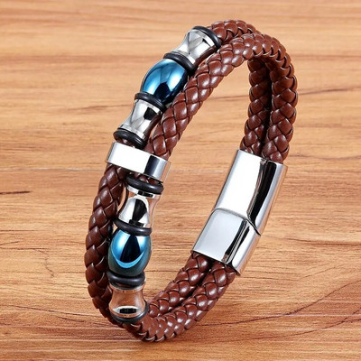 XQNI divu slāņu dizaina rokassprādze vīriešiem pīta virve brūna melna ādas rokassprādze nerūsējošā tērauda rokassprādzes burvīgi rotaslietas dāvanas