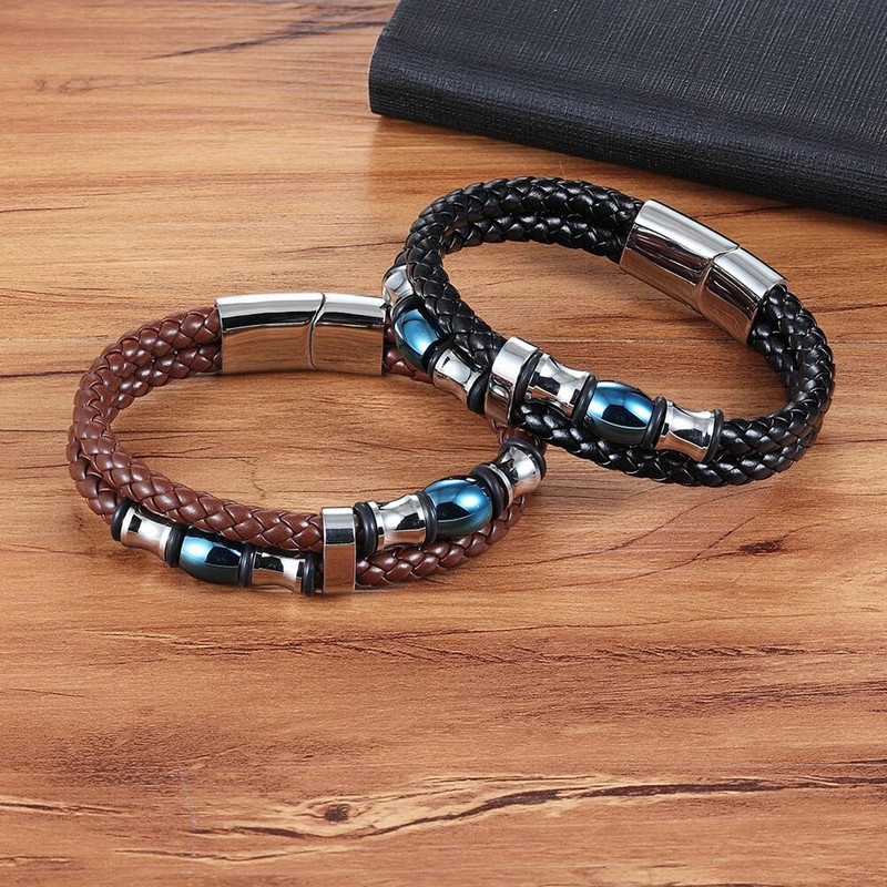 XQNI divu slāņu dizaina rokassprādze vīriešiem pīta virve brūna melna ādas rokassprādze nerūsējošā tērauda rokassprādzes burvīgi rotaslietas dāvanas