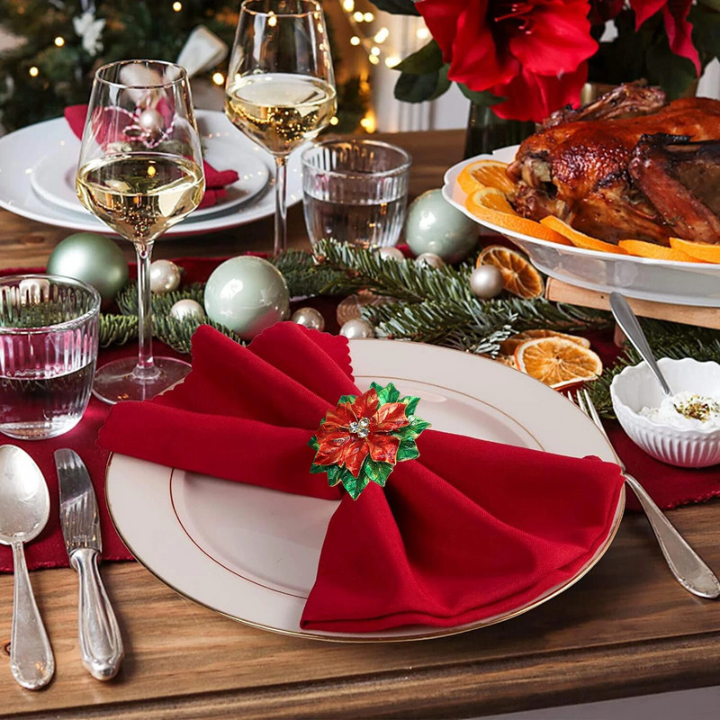 6GAB sarkanu ziedu salvešu gredzenu turētāji galda klāšanai, kāzu Ziemassvētku Pateicības diena dzimšanas dienas svētku ballīte HWC194