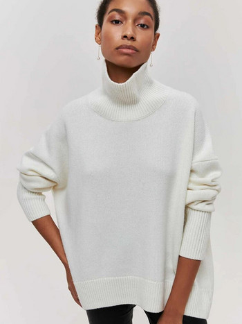 Плетен пуловер с висока яка за жени, горнища с дълъг ръкав, ежедневни пуловери, зимни фланелки, трикотаж, дамски дрехи, ново през 2023 г.