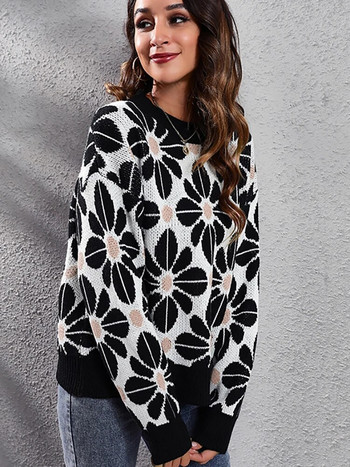 Φθινοπωρινά χειμωνιάτικα πουλόβερ για γυναίκες Μόδα πλεκτά λουλουδάτα μακρυμάνικα μπλουζάκια casual μαύρα πουλόβερ με λαιμόκοψη Νέα σε πλεκτά 2023