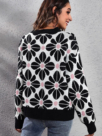 Есенни зимни пуловери за жени Модни плетени топове с дълъг ръкав на цветя Ежедневни черни пуловери с О-образно деколте Ново в трикотажните изделия 2023 г.