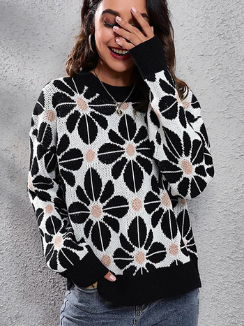 Φθινοπωρινά χειμωνιάτικα πουλόβερ για γυναίκες Μόδα πλεκτά λουλουδάτα μακρυμάνικα μπλουζάκια casual μαύρα πουλόβερ με λαιμόκοψη Νέα σε πλεκτά 2023