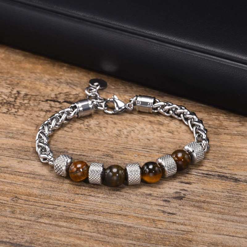 Mprainbow meeste helmeketi käevõrud jõuludeks sünnipäevaks isale abikaasale pojale, 8 mm naturaalsest tiigrisilma kivist ketiga käevõru