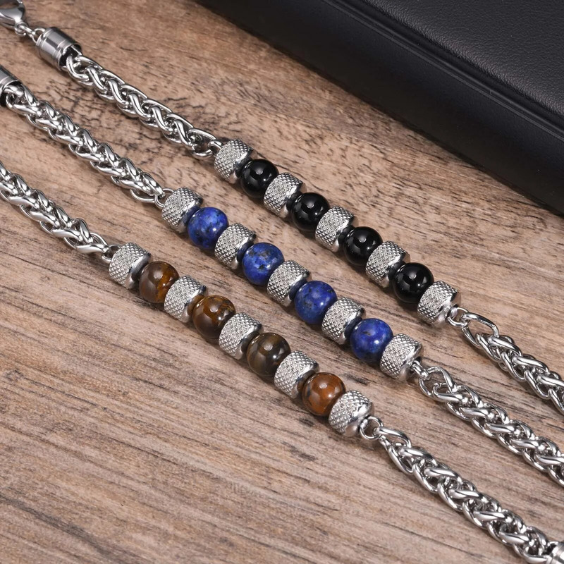 Mprainbow meeste helmeketi käevõrud jõuludeks sünnipäevaks isale abikaasale pojale, 8 mm naturaalsest tiigrisilma kivist ketiga käevõru