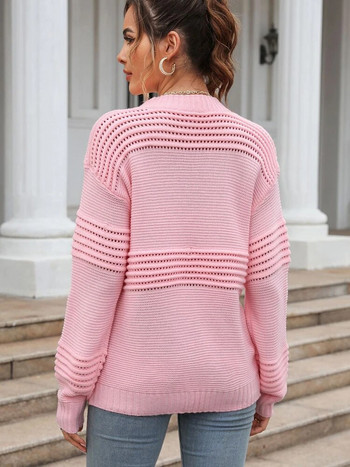 Есенен елегантен дамски пуловер Свободни розови пуловери Модни горнища с дълъг ръкав Основни пуловери с О-образно деколте Нови плетива 2023 г.