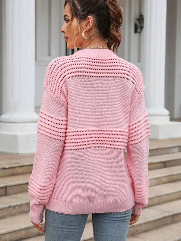 Rudens elegants sieviešu džemperis, brīvi rozā džemperi Modes topi ar garām piedurknēm Pamata O veida kakla džemperi, jauni trikotāžas izstrādājumi 2023