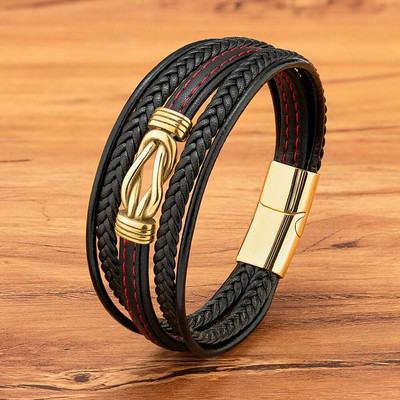 XQNI luksuslik mitmekihiline mustast nahast käevõru geomeetria roostevabast terasest pandlaga käevõru meestele punk ehted uusaasta kingitus