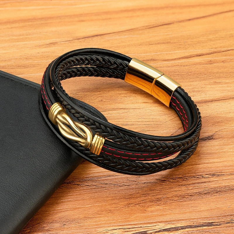 XQNI luksuslik mitmekihiline mustast nahast käevõru geomeetria roostevabast terasest pandlaga käevõru meestele punk ehted uusaasta kingitus