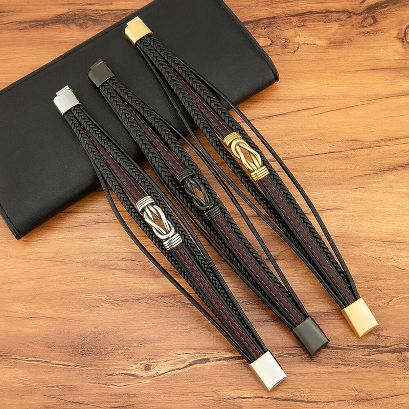 XQNI luksuslik mitmekihiline mustast nahast käevõru geomeetria roostevabast terasest pandlaga käevõru meestele punk ehted uusaasta kingitus