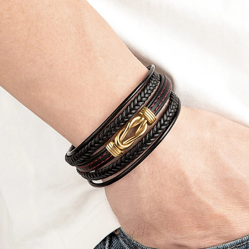 XQNI luksuslik mitmekihiline mustast nahast käevõru geomeetria roostevabast terasest pandlaga käevõru meestele punk ehted uusaasta kingitus