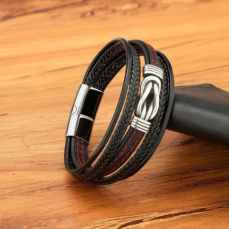 XQNI luksuslik mitmekihiline mustast nahast käevõru geomeetria roostevabast terasest pandlaga käevõru meestele punk ehted uusaasta kingitus