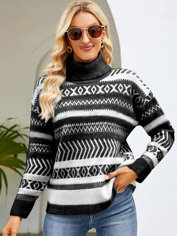 Есенно-зимни пуловери с висока яка Дамски модни плетени горнища с дълъг ръкав Черни пуловери на райета Ежедневни Ново в трикотажните изделия 2023 г.