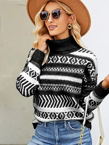 Есенно-зимни пуловери с висока яка Дамски модни плетени горнища с дълъг ръкав Черни пуловери на райета Ежедневни Ново в трикотажните изделия 2023 г.