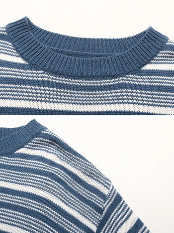 Дамски пуловери на райета Модни плетени сини горнища с дълъг ръкав Ежедневни пуловери с О-образно деколте Есен Зима Ново в плетивата 2023 г.