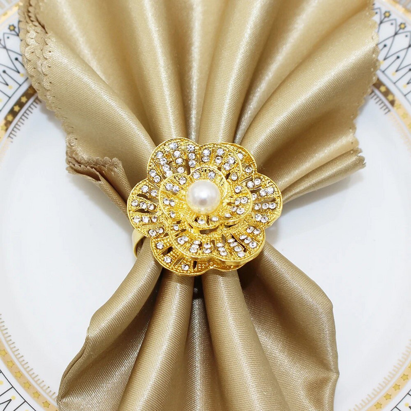 6Gb Rhinestone ziedu salvešu gredzeni Zelta salvešu turētāja gredzeni kāzu dzimšanas dienai Ziemassvētkos bērnu dušas galda dekors HWP15