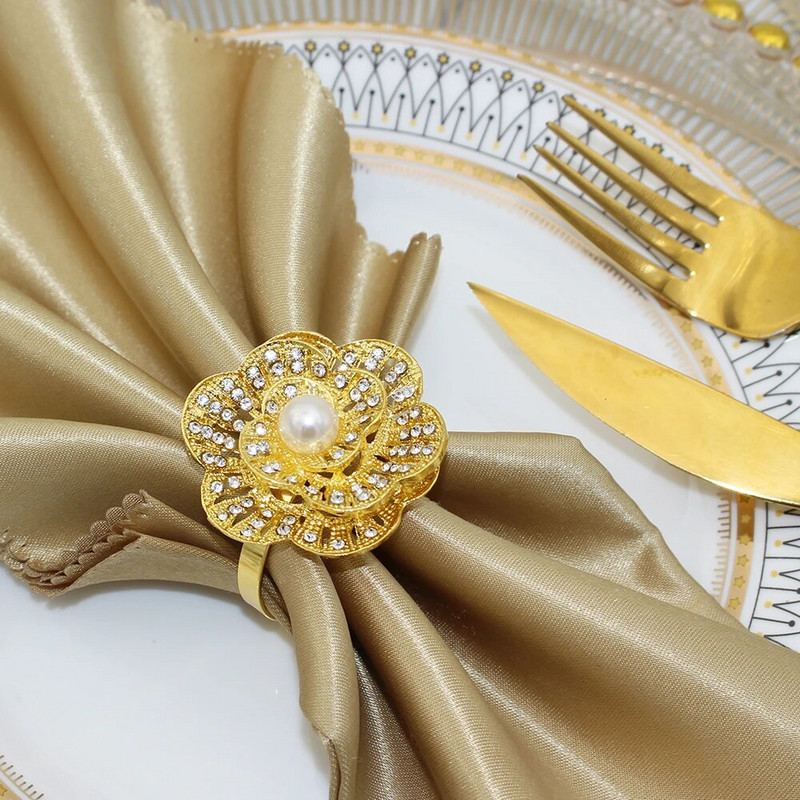 6Gb Rhinestone ziedu salvešu gredzeni Zelta salvešu turētāja gredzeni kāzu dzimšanas dienai Ziemassvētkos bērnu dušas galda dekors HWP15