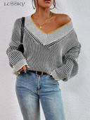 Eleganti, svītraini sieviešu džemperi, trikotāžas, melni, garām piedurknēm, ikdienišķi, eleganti džemperi ar V veida kakla izgriezumu. Rudens jaunums trikotāžas izstrādājumos 2023