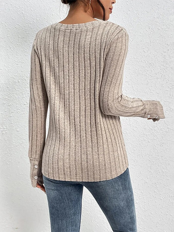 Елегантен тънък пуловер Дамски модни плетени топове с дълъг ръкав Базови дантелени пуловери с V-образно деколте Есен Зима Ново в трикотажните изделия 2023 г.