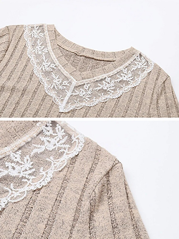 Elegants plāns džemperis sieviešu modes trikotāžas topi ar garām piedurknēm Pamata mežģīņu džemperi ar V veida kakla izgriezumu Rudens ziema Jaunums Trikotāžas izstrādājumos 2023