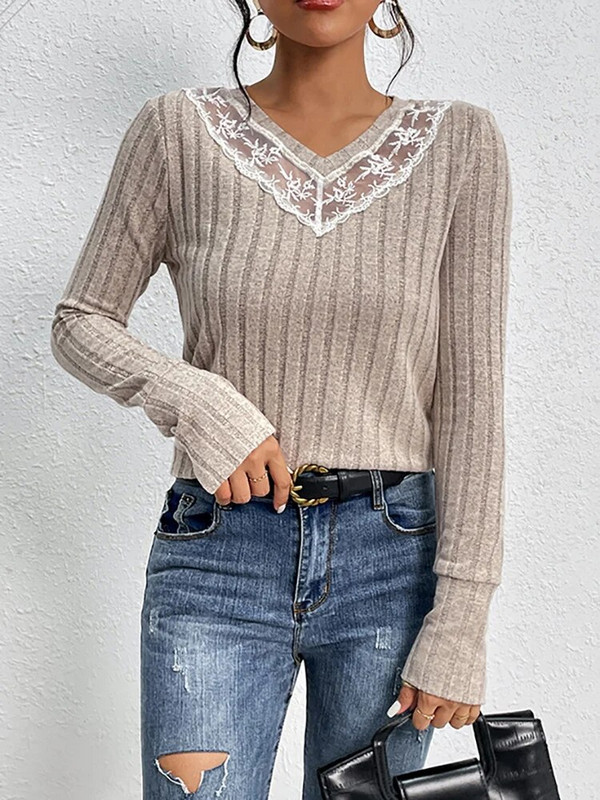 Elegants plāns džemperis sieviešu modes trikotāžas topi ar garām piedurknēm Pamata mežģīņu džemperi ar V veida kakla izgriezumu Rudens ziema Jaunums Trikotāžas izstrādājumos 2023