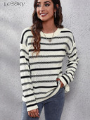 Svītraini džemperi sievietēm Modes trikotāžas topi ar garām piedurknēm Ikdienišķi melni džemperi ar O veida kakla izgriezumu Rudens ziema Jaunums Trikotāžas izstrādājumos 2023